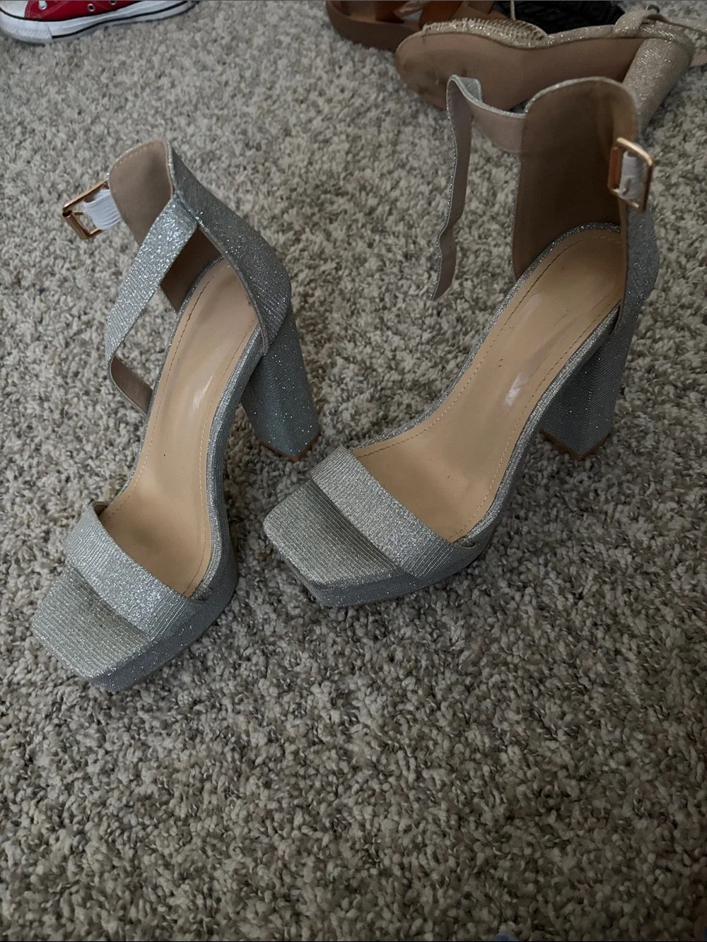 Silver Glitter Platform Block Heel Sandals for Women
